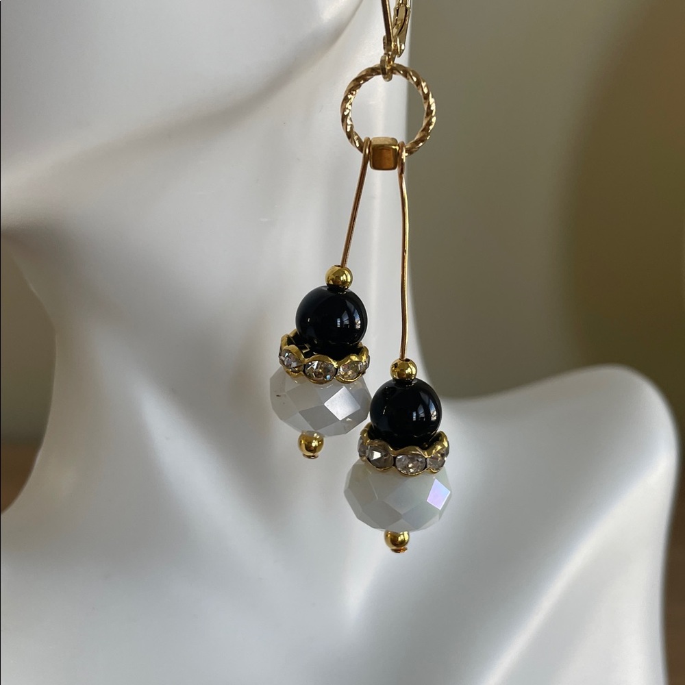 HAND CRAFTED MONOCHROMATIC DANGLE EARRINGS Black Glass & White Faceted Crystals